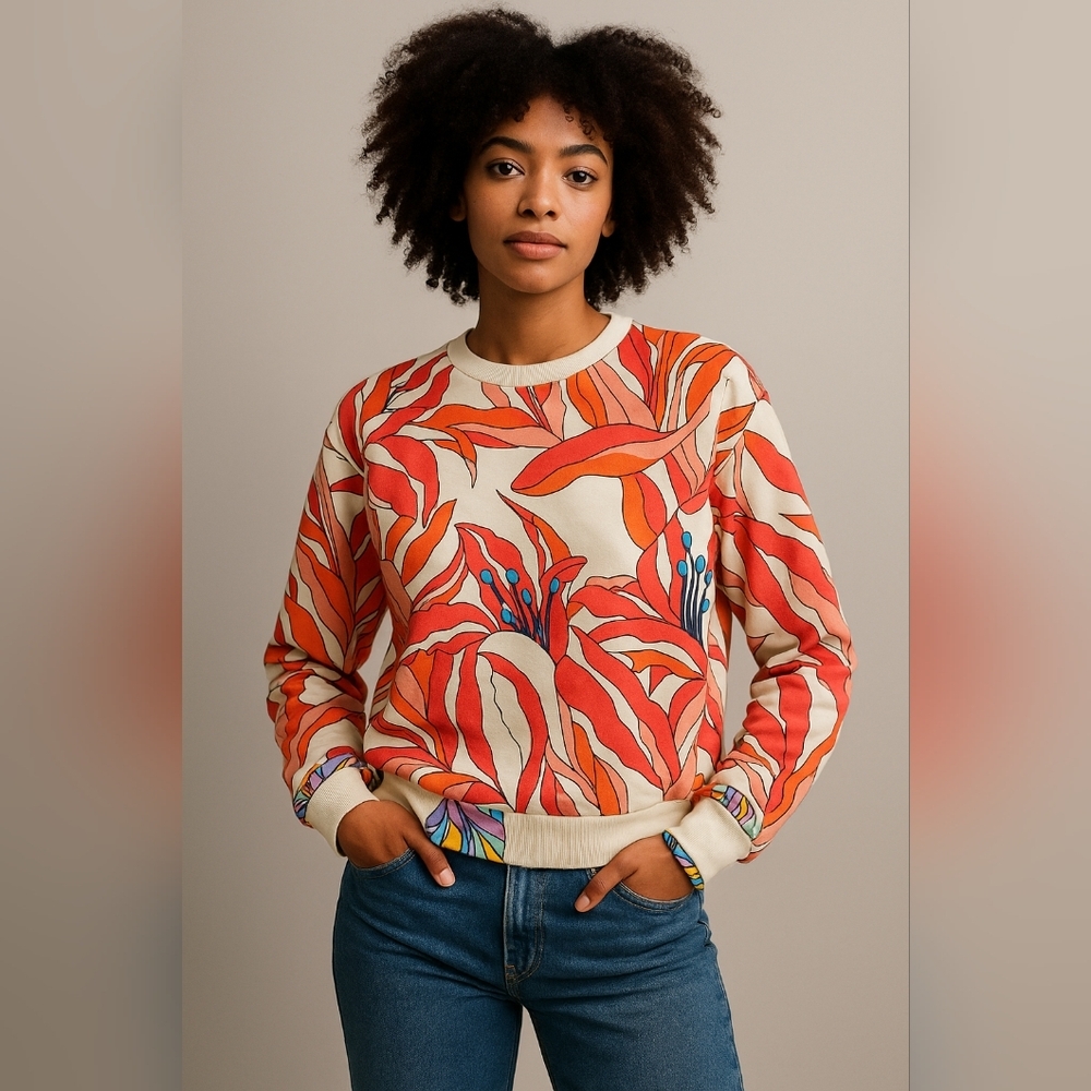 La Prestic Ouiston Floral silk print pullover cotton sweatershirt